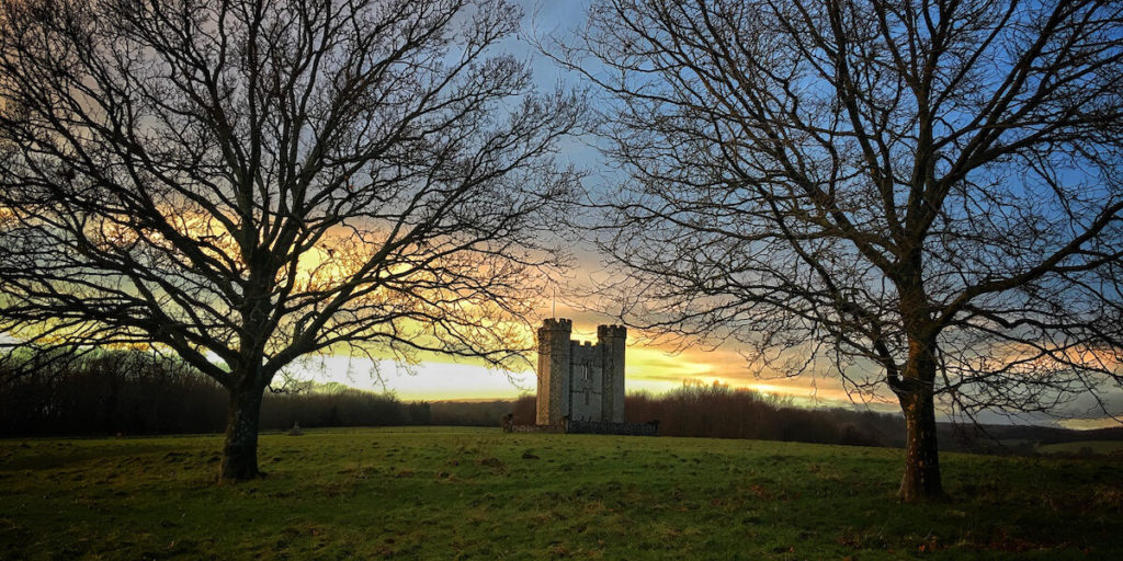 hiorne tower in distance at sunset framed by 2 large trees in autumn